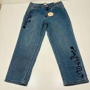Camila Coelho Women's Size 12 Straight Ankle Blue Jeans Embroidered‎ Pockets NWT